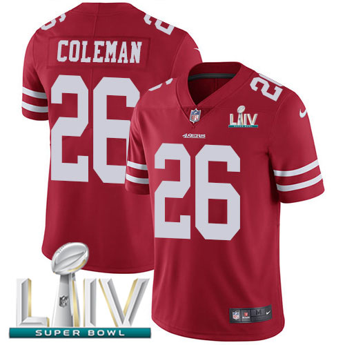 San Francisco 49ers Nike #26 Tevin Coleman Red Super Bowl LIV 2020 Team Color Youth Stitched NFL Vapor Untouchable Limited Jersey